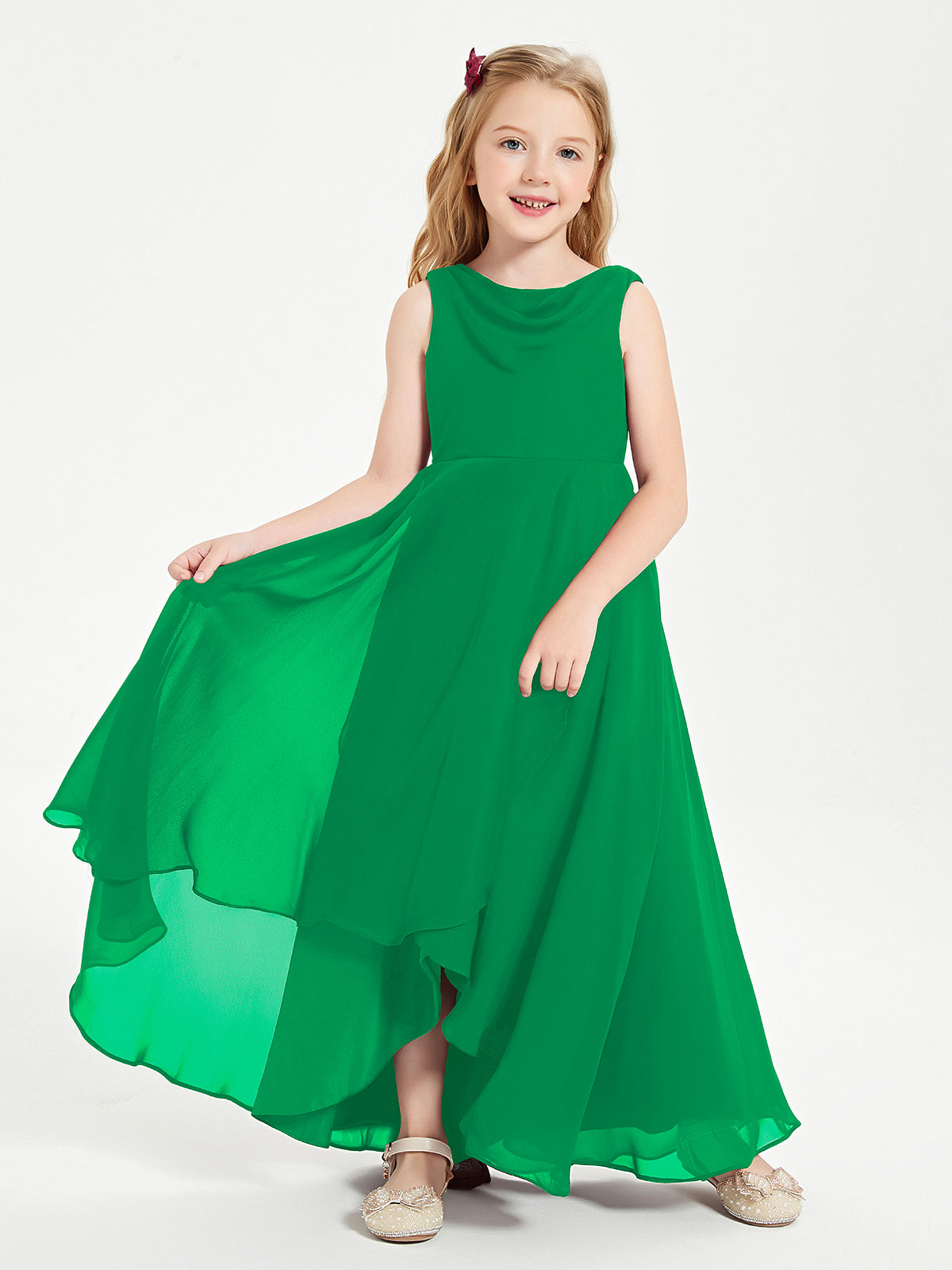Modern Asymmetrical Cowl Neck Junior Bridesmaid Dresses Emerald